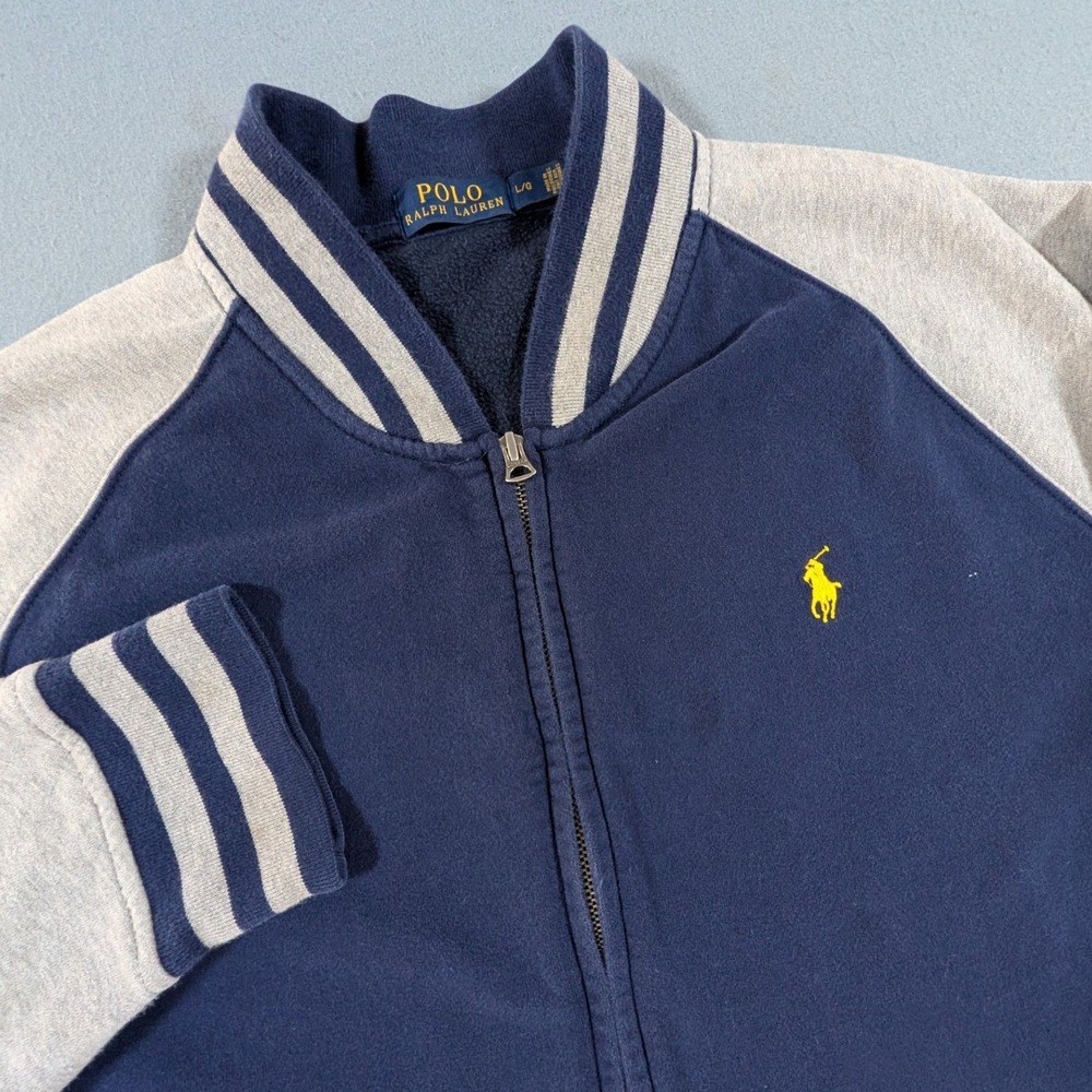 Polo Ralph Lauren Varsity Jacket Mens L Navy Gray Full Zip Fleece Sweatshirt